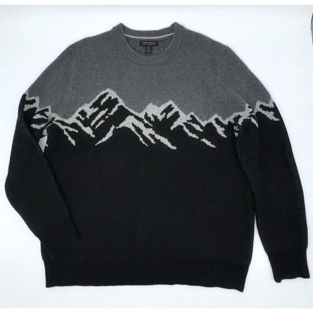 Banana Republic Italian Wool Ski Slope Crew‎ Black Gray Mountains Men XL Sweater